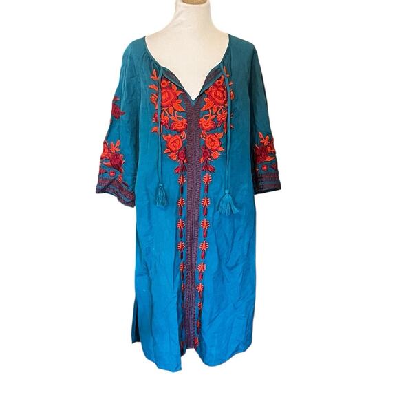 Soft Surroundings Dresses & Skirts - Soft Surroundings Bird Embroidered Midi Dress •M• Aztec Boho Kaftan Tassel Teal